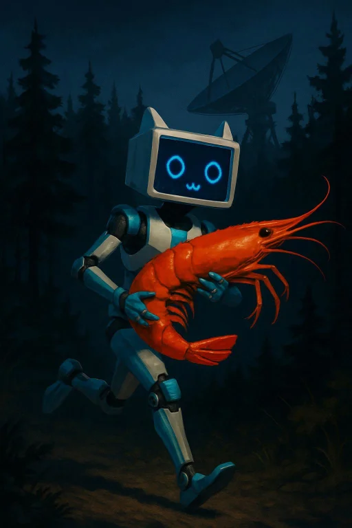 Depict This Robot Running In The Pine Forest At Night With A...