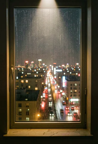 A Rainy Window Overlooking A Glowing City At Night, Analog P... — Stable Diffusion AI Prompt: a rainy window overlooking a glowing city at night, analog photo, spotlight, tel...