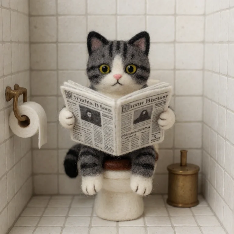 Photo Of A Needle Felt Figure Of A Cat Reading A Newspaper O...