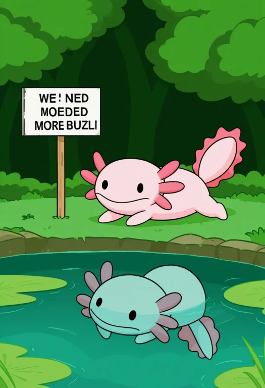 Please Draw A Cute Axolotl Swimming On A Pond, While Holding...