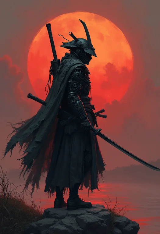 Painting Of A Dark Cyborg Samurai Infront Of Moody Sundawn