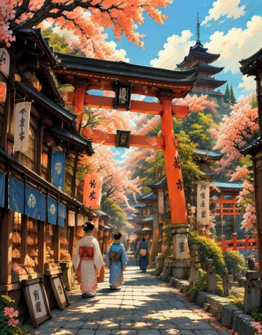 Loratraining2617621-202609150842406451 Z1os, Vibrant Anime S... — Stable Diffusion AI Prompt: z1os, vibrant anime spring festival street in a traditional Japanese shrine tow...