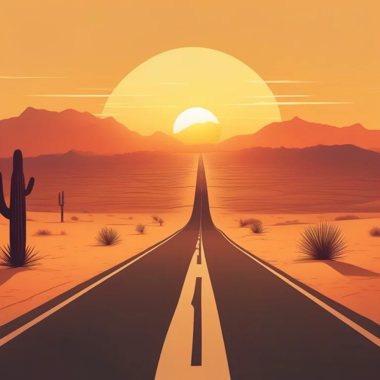 A Desert Road Running Straight Into A Sunset, Flat Design, G...