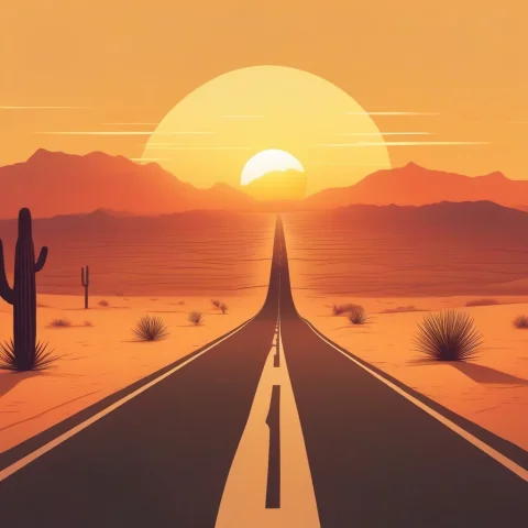 A Desert Road Running Straight Into A Sunset, Flat Design, G... — SDXL AI Prompt: a desert road running straight into a sunset, flat design, golden hour light, go...