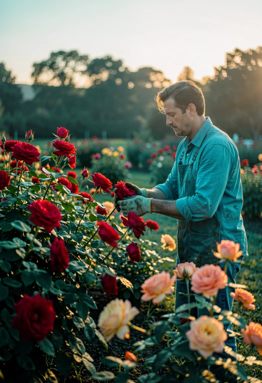 A Gardener Tending Roses In Early Morning Light, Blue Hour,...