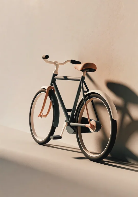 A Bicycle Leaned Against A Plain Plaster Wall, Its Frame Sim...