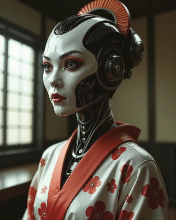 In The Style Of Ckrcc, Woman Geisha Is An Android, The Plast...
