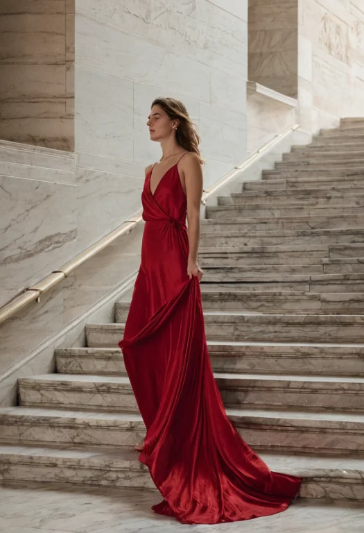 Raw Photo, Woman In A Flowing Red Silk Dress On Marble Museu...