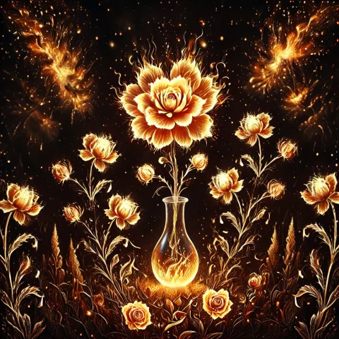 A Bushes Of Fire Roses, Bright, Luminous Points Of Light Tha... — Stable Diffusion AI Prompt: a bushes of fire roses, Bright, luminous points of light that add depth and spar...