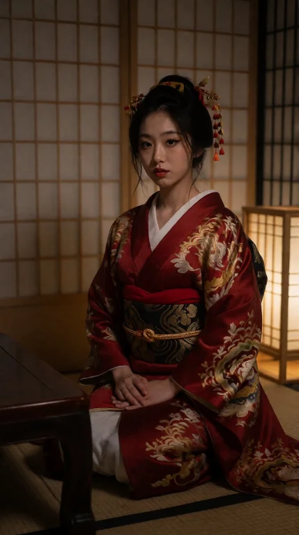 Traditional Japanese Tea House Interior, Worn Tatami Mat Flo...