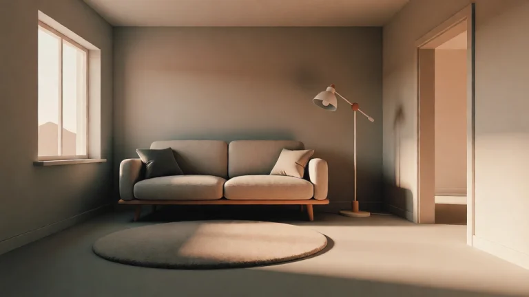 A Minimalist Living Room With A Low Sofa, A Round Rug And A...