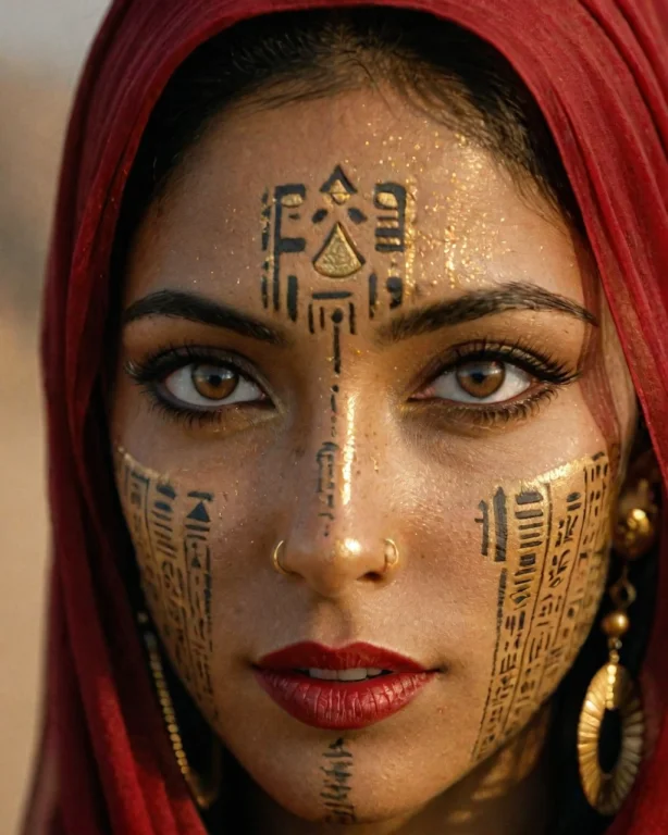 Breathtaking Cinematic Film Still A Person With Hieroglyphs...