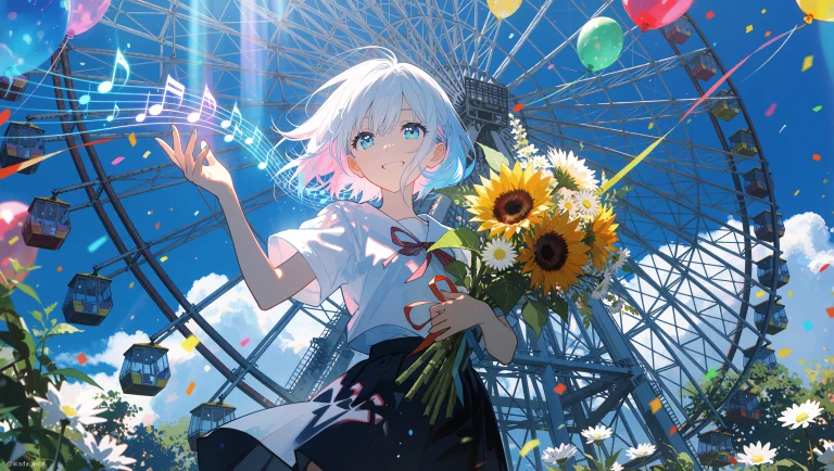 A Low-angle View Of A Girl With White Hair That Fades Into P...