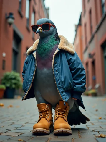 Snapshot Of Northeast American Pigeon Wearing Timberland Boo... — Stable Diffusion AI Prompt: Snapshot of northeast american pigeon wearing timberland boots, blue aviation bo...