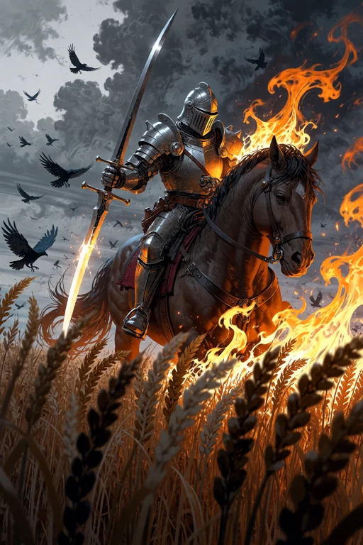 , Knight Riding A Horse Through A Burning Wheat Field Wheat...