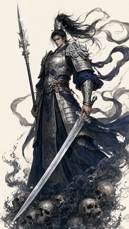 Epic Chinese Dark Fantasy Warrior, Full Body Vertical Compos...