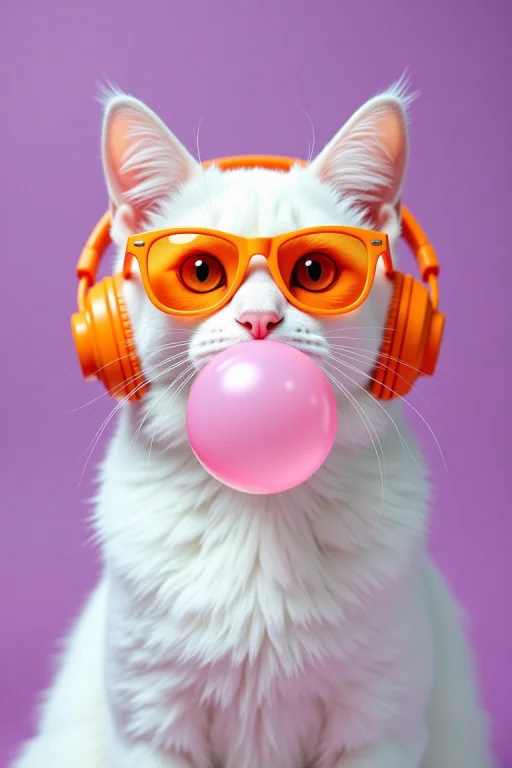 White Cat Wearing Safety Orange Sunglasses And Headphones, B...