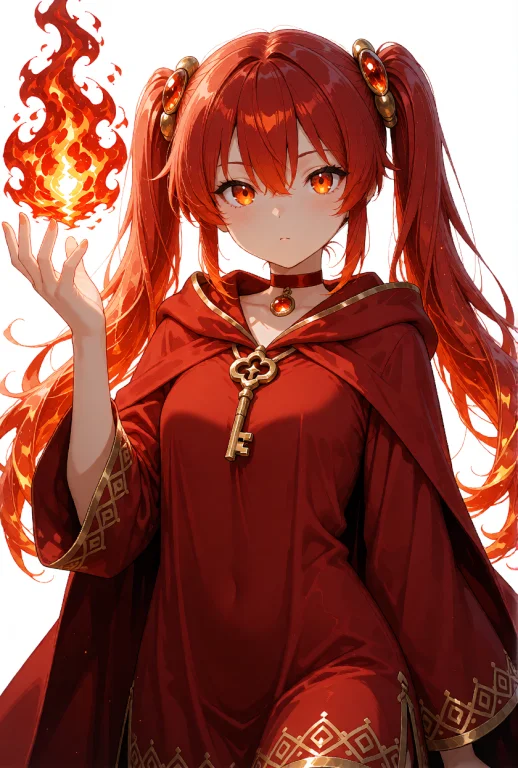 A Fire-elemental Mage Girl With Long Red Hair Tied Into High...