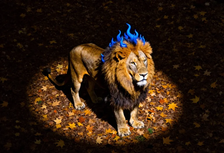 A Lion With A Mane Of Slow Blue Flame, Art Nouveau, Spotligh...