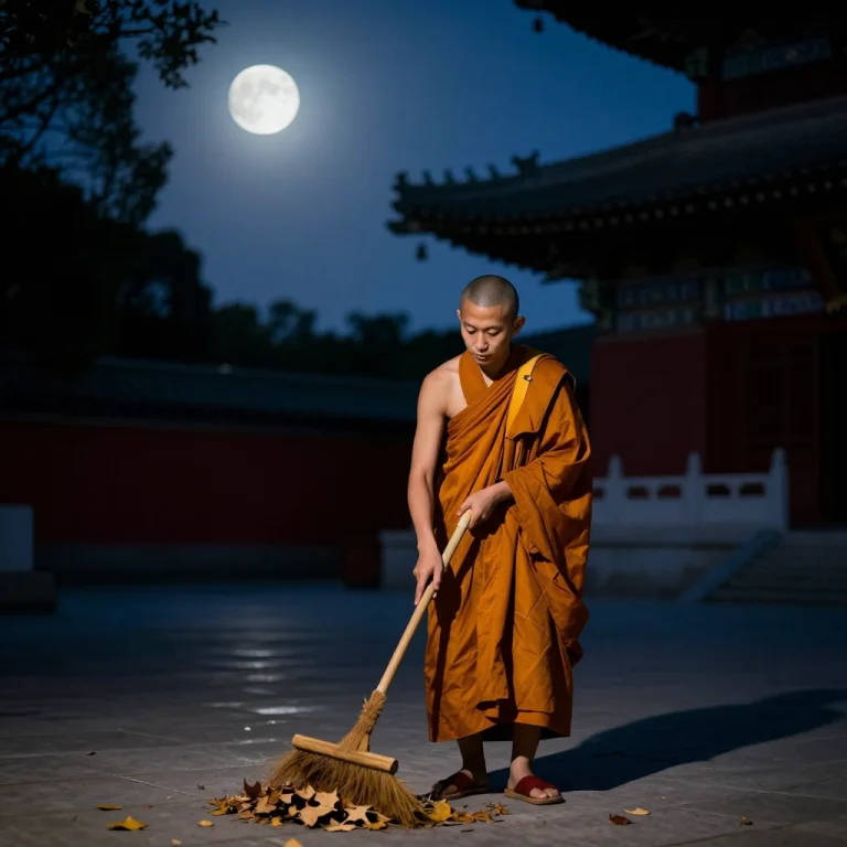 A Monk Sweeping Leaves In A Temple Courtyard, Hyperrealistic...