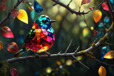 A Beautiful Tiny Bird Made From Triangle Colored Glass Piece... — SDXL AI Prompt: a beautiful tiny bird made from triangle colored glass pieces,endless space ceal...