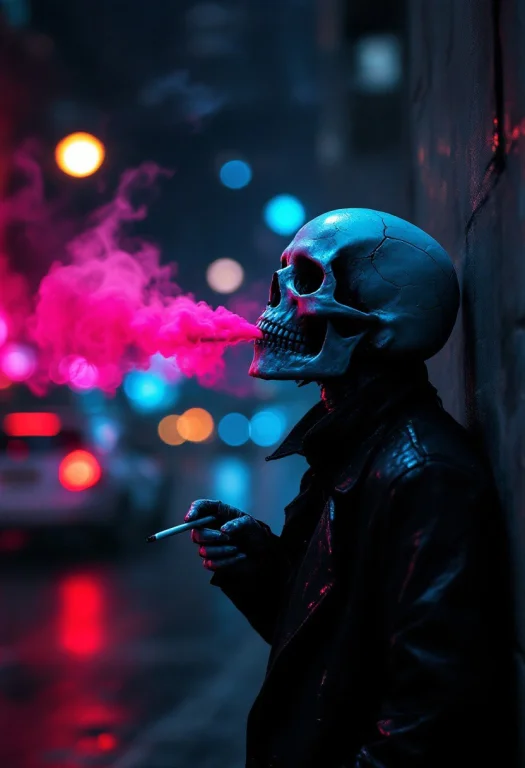 Skull Figure, Smoking A Cigarette, Leaning Against A Wall, L...