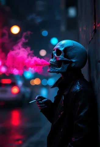 Skull Figure, Smoking A Cigarette, Leaning Against A Wall, L... — FLUX AI Prompt: [Skull figure, smoking a cigarette, leaning against a wall, looking up, contempl...