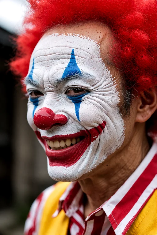 Old Man, White Clown Face, Red Afro Hair, Photorealistic, Ra...