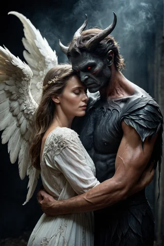 Film Grain,ultrarealistic 4k,photoartstyle,a Demon And An An... — SDXL AI Prompt: (film grain),ultrarealistic 4k,photoart_style,(a demon and an angel hugging),rea...