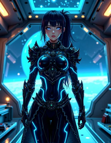 A Dark Fantasy Female Warrior Clad In Intricate, Glowing Arm... — FLUX AI Prompt: A dark fantasy female warrior clad in intricate, glowing armor infused with neon...