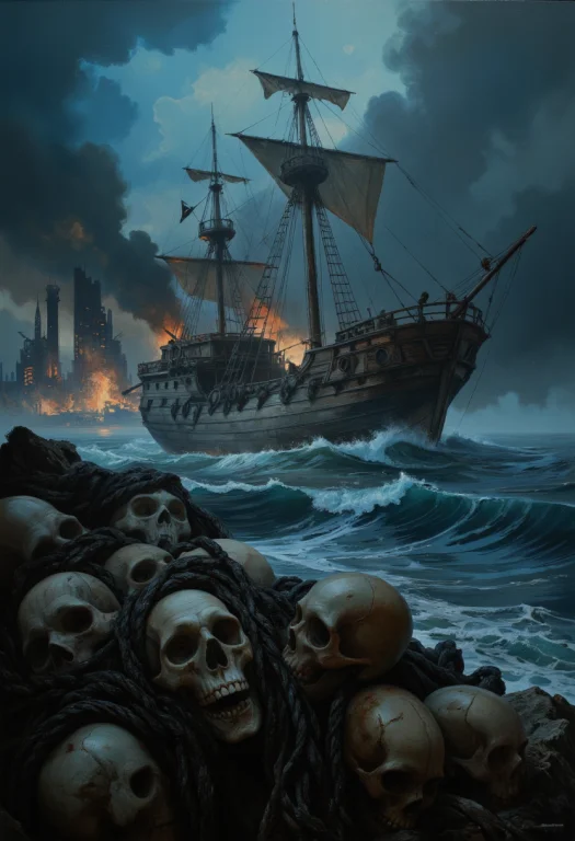 Dark Post-apocalyptic Seascape With A Ghostly Wooden Pirate...