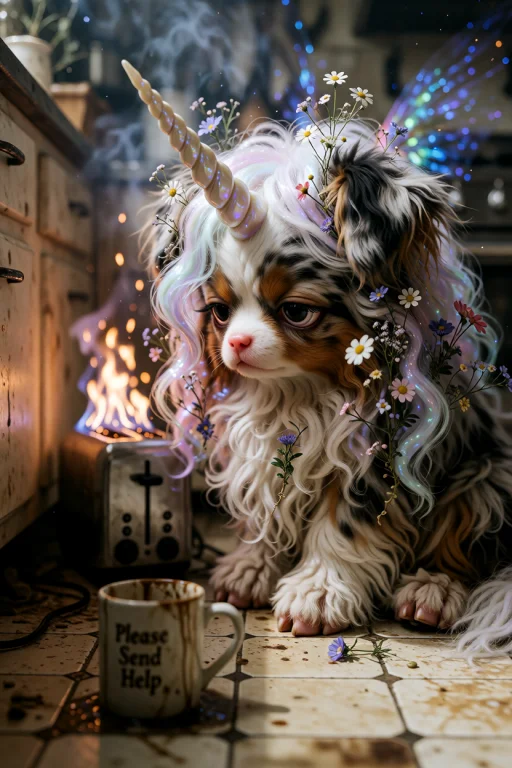 A Chibi Australian Shepherd Unicorn Hybrid Sits With A Heavy...