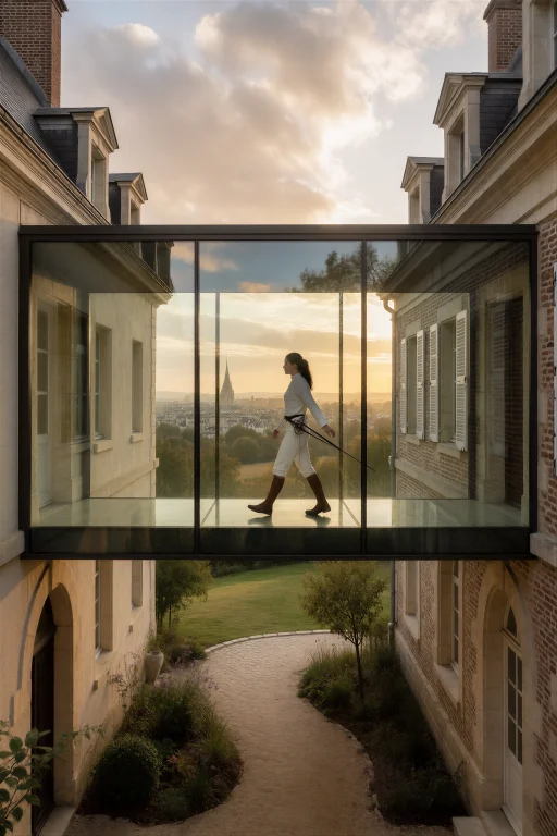 A Cinematic Photograph, Wide Shot, The Fencer Woman Walking...