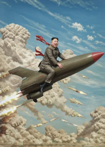 Kim Jong Un Riding A Missile Through The Sky Rocketride, Lor... — SDXL AI Prompt: Kim Jong Un riding a missile through the sky rocketride, 