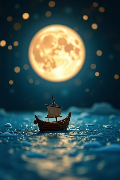 A Small Boat Drifting Beneath A Full Moon, With Stars Twinkl...