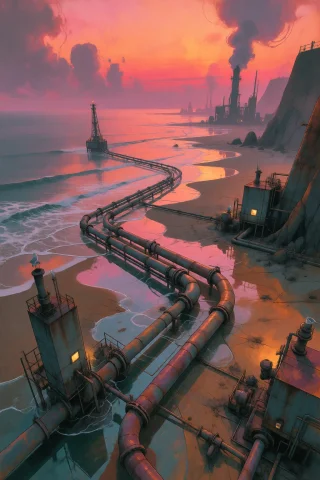 Strangedaal. An Exterior Landscape Where A Coastal Industria... — Stable Diffusion AI Prompt: StrangeDaal. An exterior landscape where a coastal industrial pipeline complex m...