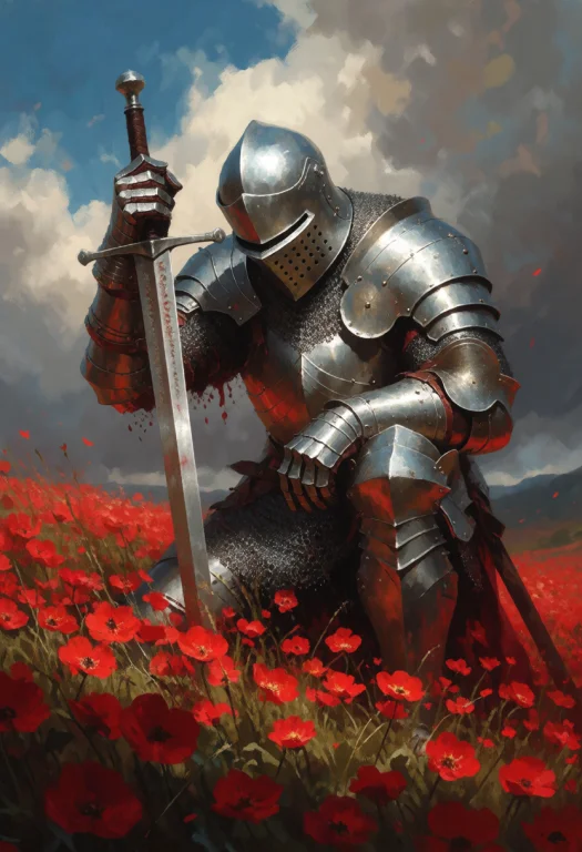 A Knight In Full Plate Armor With A Close Helm, Kneeling In...