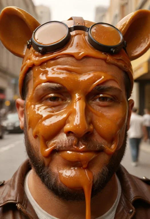 Extreme Closeup Caramel Sauce Uncle Face, Wear Round Goggles...