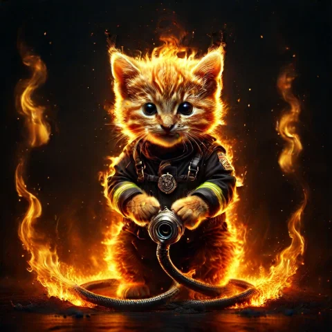 Shocked Firefighter Kitten With Hose, Extinguishing Flames,... — SDXL AI Prompt: Shocked firefighter kitten with hose, extinguishing flames, burning house, deter...