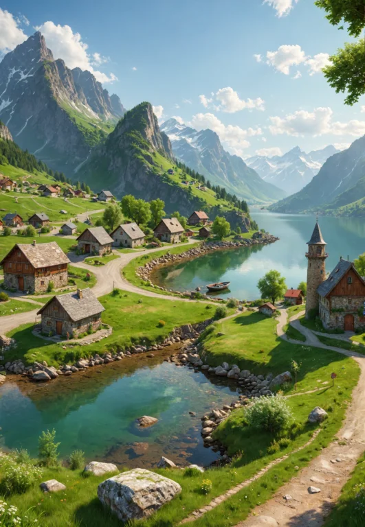 Green Pasture, By The Lake, Small Town Buildings, Boat, Road...