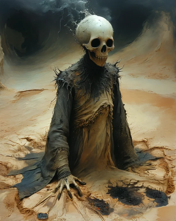 Evil Lich Emerging From The Sand At An Oasis, Casting A Spel...