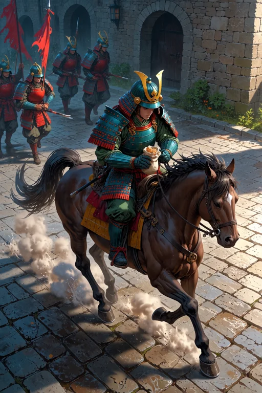, Samurai Riding A Horse Across A Stone-paved Castle Courtya...