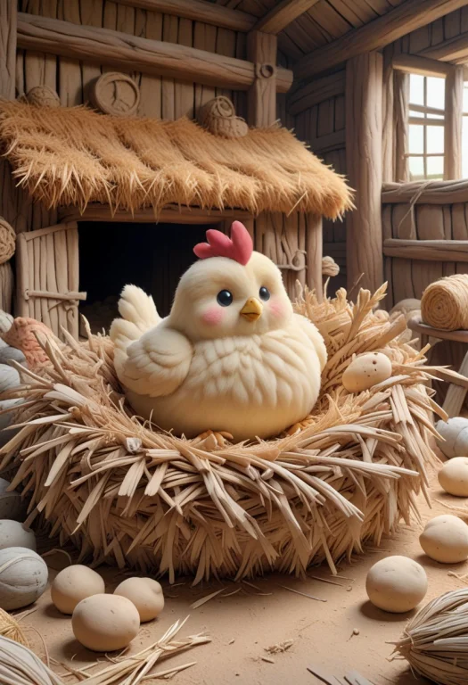 A Cute Chubby Chicken, Sitting In A Nest, Barn, Rustic,