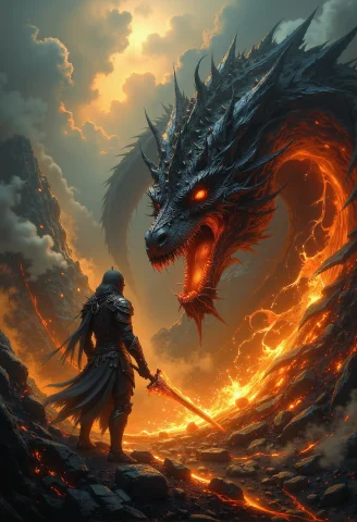 A Fiery Standoff Between A Lone, Hooded Warrior And A Coloss... — FLUX AI Prompt: A fiery standoff between a lone, hooded warrior and a colossal, menacing dragon...