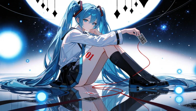 A Full-body View Of Hatsune Miku From Vocaloid Sitting On A...