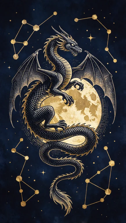 111. Celestial Dragon Coiled Around Glowing Moon, Abstract L...