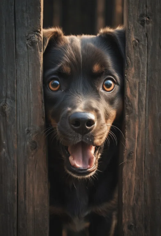 A Hole In A Wooden Fence Reveals The Face Of A Surprised Pup...