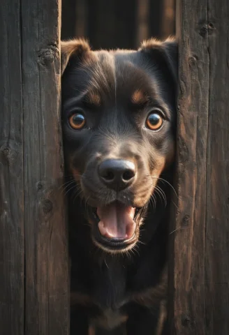 A Hole In A Wooden Fence Reveals The Face Of A Surprised Pup... — SDXL AI Prompt: a hole in a wooden fence reveals the face of a surprised puppy, digital painting...