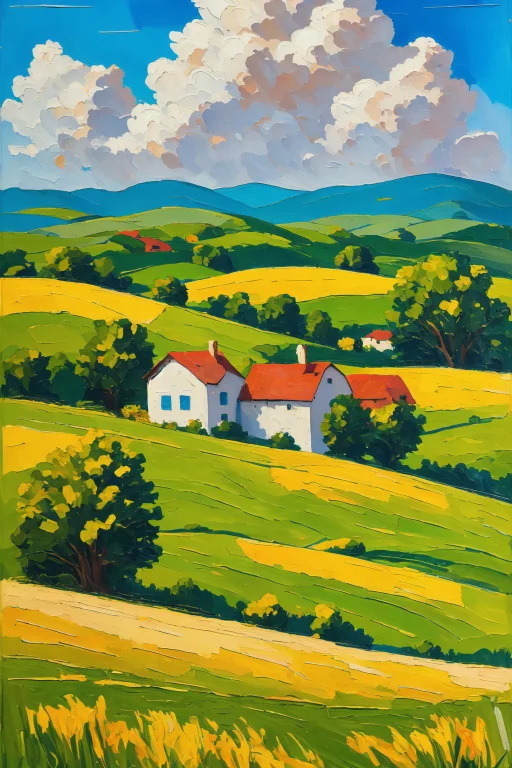 An Oil Painting Of A Rolling Landscape With Farms And Farm H...