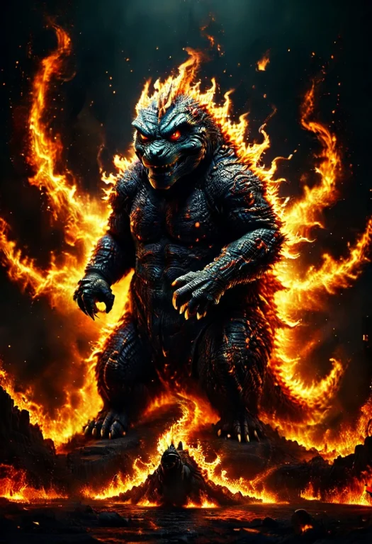 An Epic Godzilla, Made Of Fire, Flamestyle, Masterpiece, Bes...